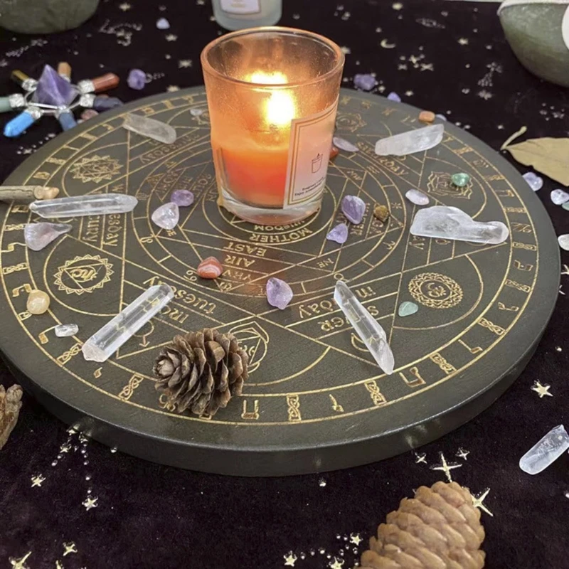 

Witch Divination Pendulum Board Seven Chakra Crystal Energy Disk Oak Carved Astrolabe Altar Pendulum Prayer Ceremony Props M14