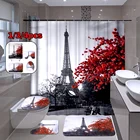 Набор занавесок для душа с рисунком Эйфелевой башни и красных цветов, водонепроницаемый чехол из полиэстера для сиденья унитаза, коврики для ванной, декоративный дверной коврик