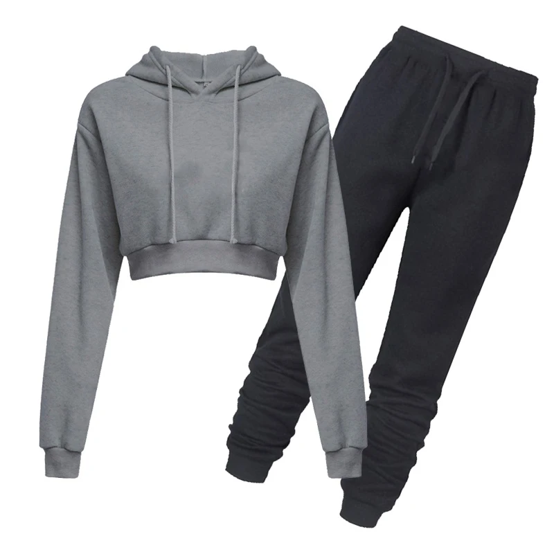 

Casual Two Piece Set Women Solid Color Hooded Crop Tops +Pants Autumn Spring Clothing Sets Tracksuits Vetement Femme 2021