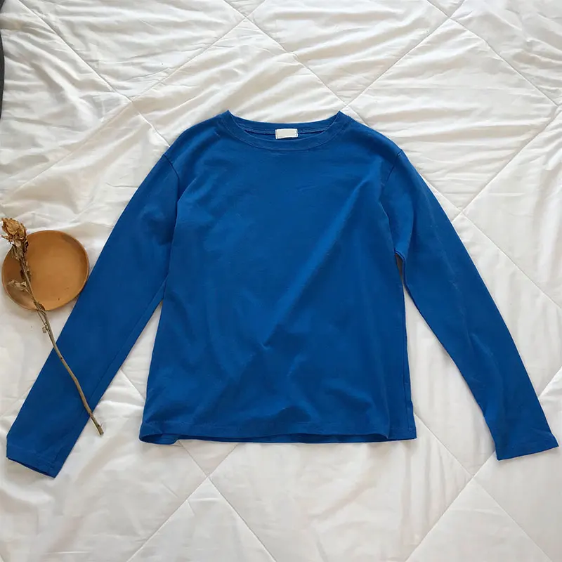 Bright blue 22 Однотонная футболка с длинным рукавом Женская Kpop шикарная свободная хлопковая Футболка с круглым вырезом черная Harajuku Kawaii простая Базовая футболка Femme - Цвет: Bright blue
