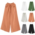 Брюки женские хлопково-льняные с карманами, повседневные стильные прямые штаны-султанки до щиколотки, с эластичным завышенным поясом, в винтажном стиле