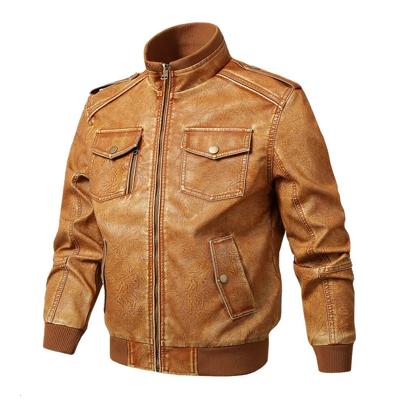 

Mens Luxurious Military PU Leather Jacket 2019 Stand collar Casual Army Moto Jacket Coats Male Jaqueta de couro Plus Size 5XL