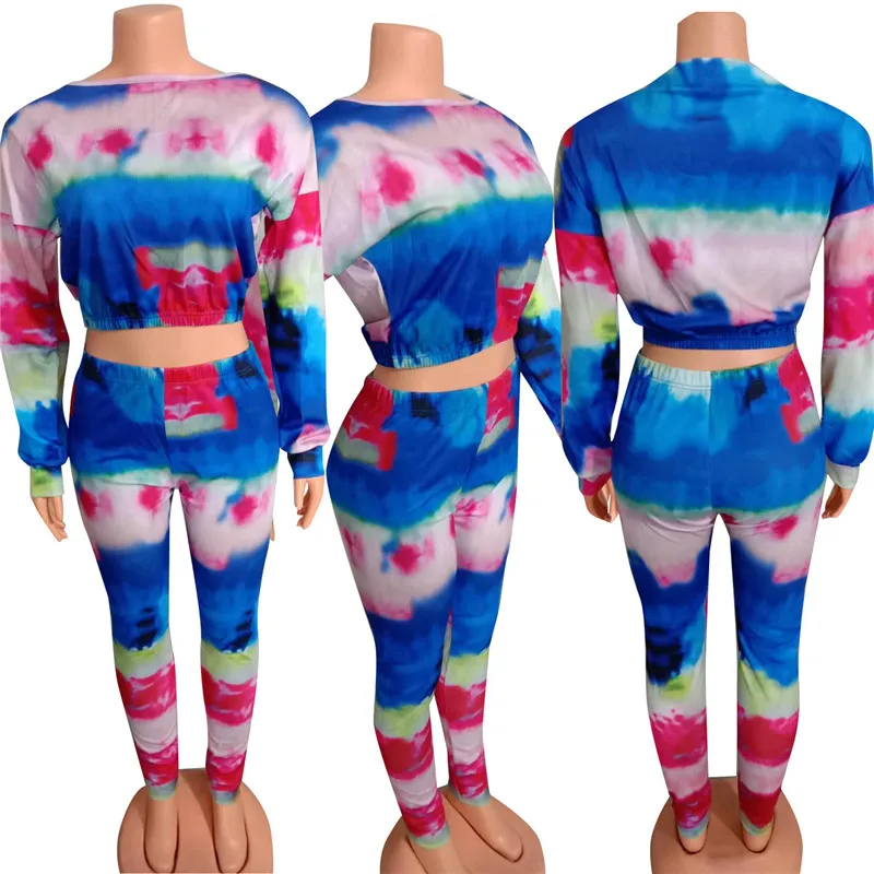 

Autumn Winter Rib Knit Tie Dye 2 Piece Set Women Fashion Clothes Sexy Club Outfits Long Sleeve Crop Top and Pants Matching Sets