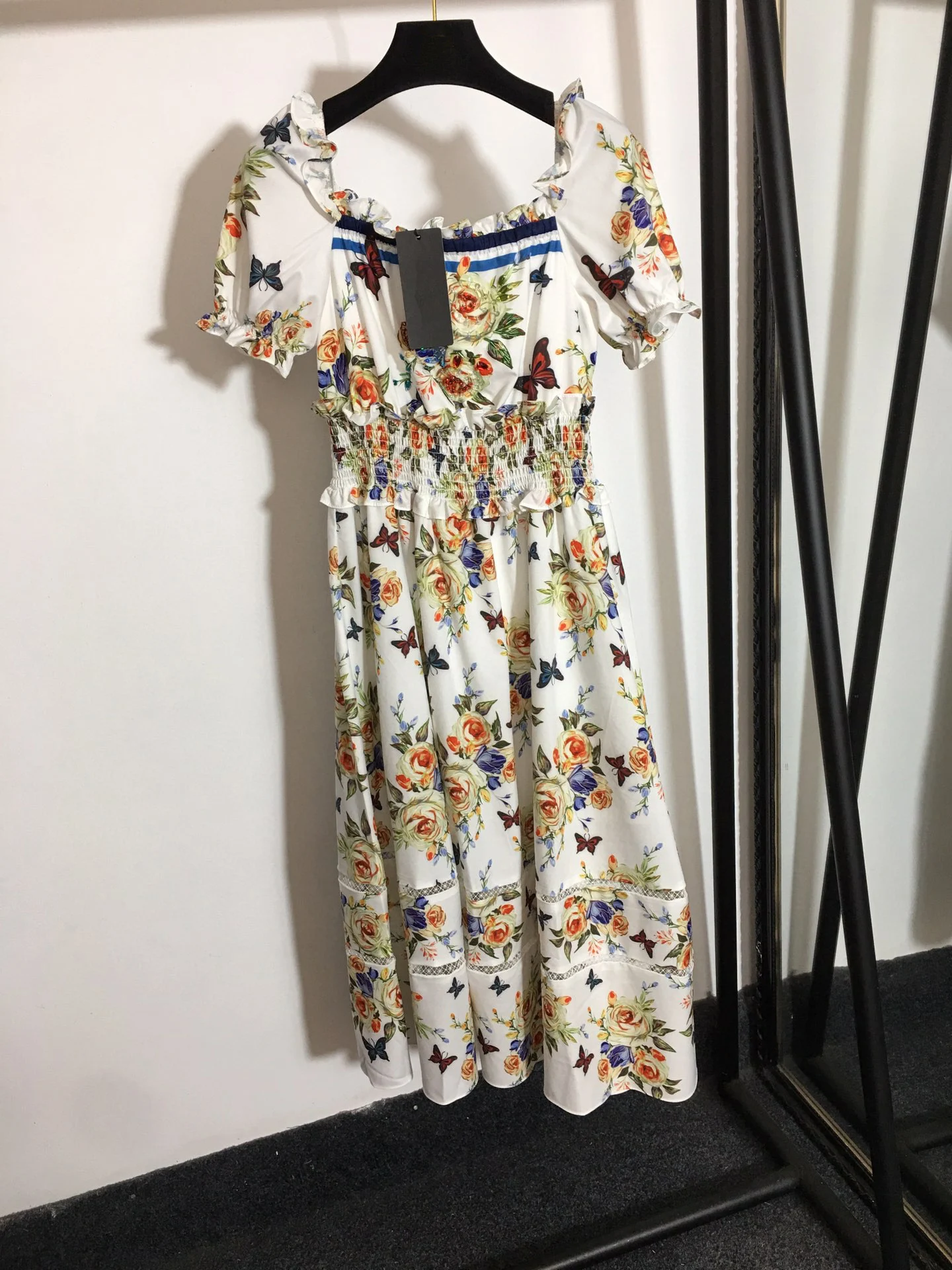 

High Quality Luxury Summer Sexy Women's Heavy Industry Beaded Flower Print Short-sleeved Elastic Waist Dress