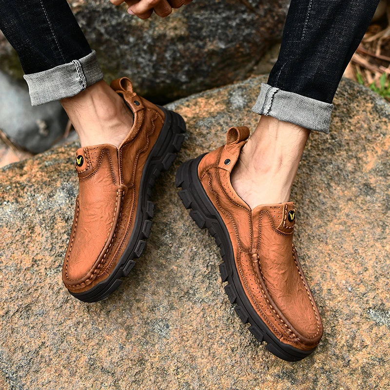 Men shoes geuine leather Non-Slip Hiking Shoes First Layer Cowhide Leather Sneakers lace up oxofrds Breathable Boots | Обувь