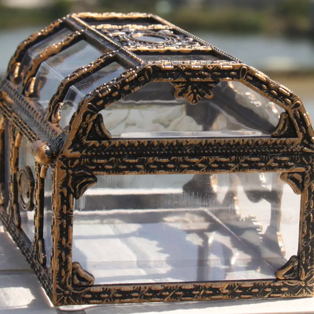 Fashion Jewelry Storage Box Pirate Design Treasure Chest Metal Lock Cases Plastic Coin Transparent Mini Ornament | Дом и сад