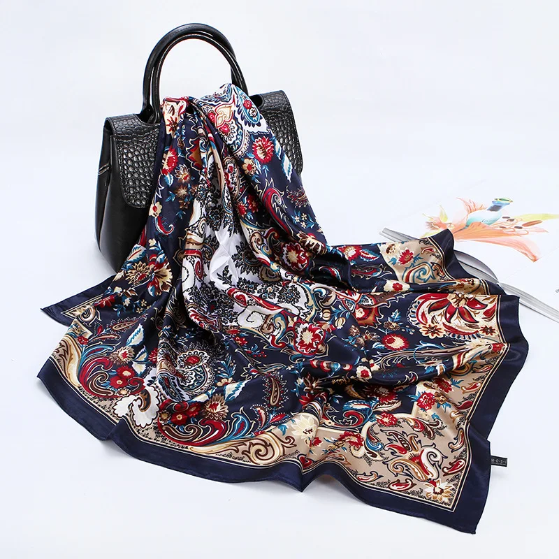 

Fashion Paisley Print Hijab Scarf For Women Silk Satin Kerchief Neck Scarfs For Ladies 90*90cm Square Shawl Bandana Head Scarves