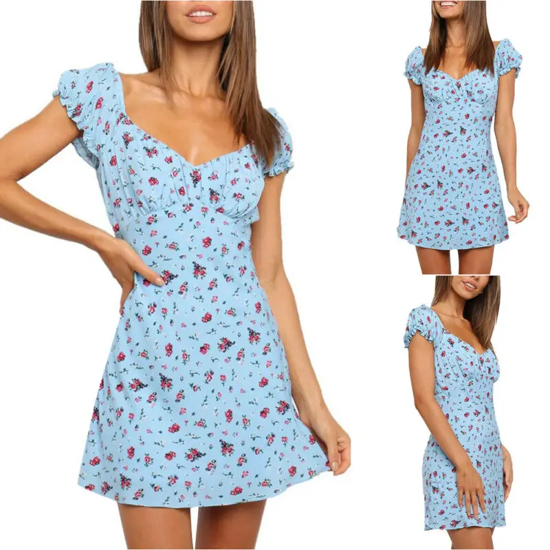 

Trevor Women Summer Sling V Neck Knee Length A-Line Dress Girls Puff Sleeve Sundress