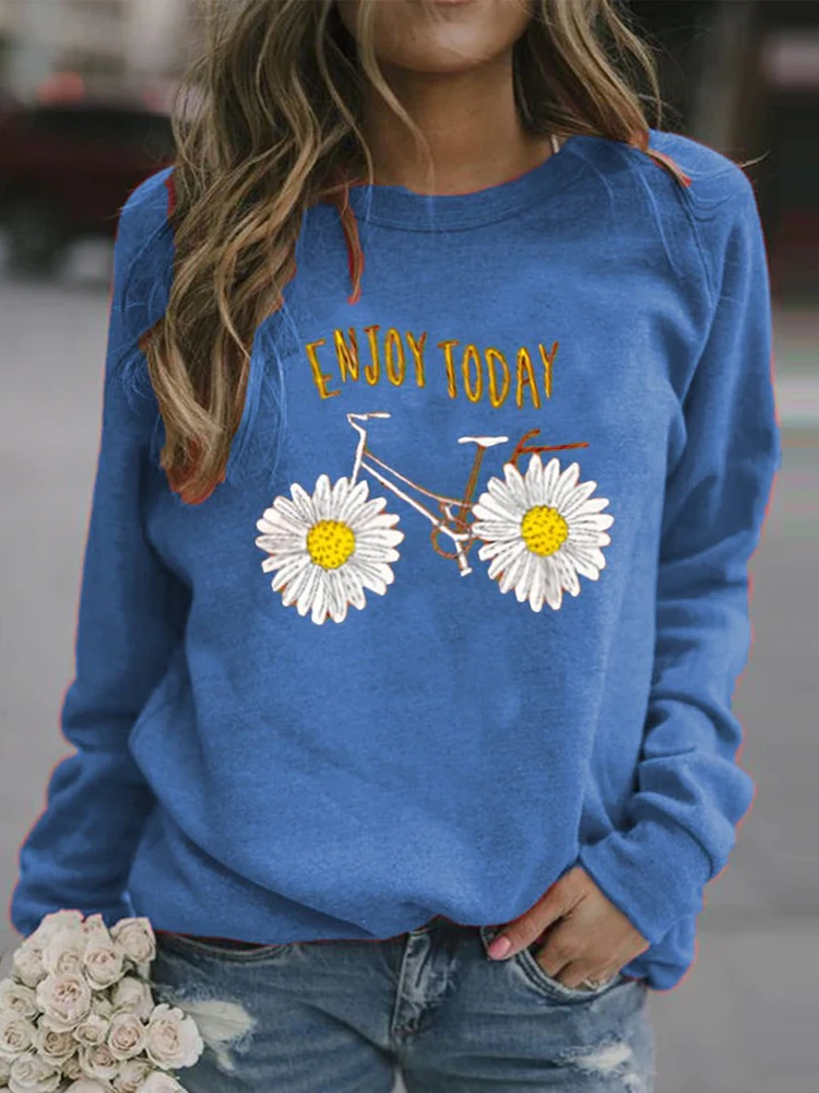 

2020 Women Christmas Autumn Winter Round Neck Casual Long Sleeve Sunflower Bike Bicycle Print Blouse Sweatshirt Pullover
