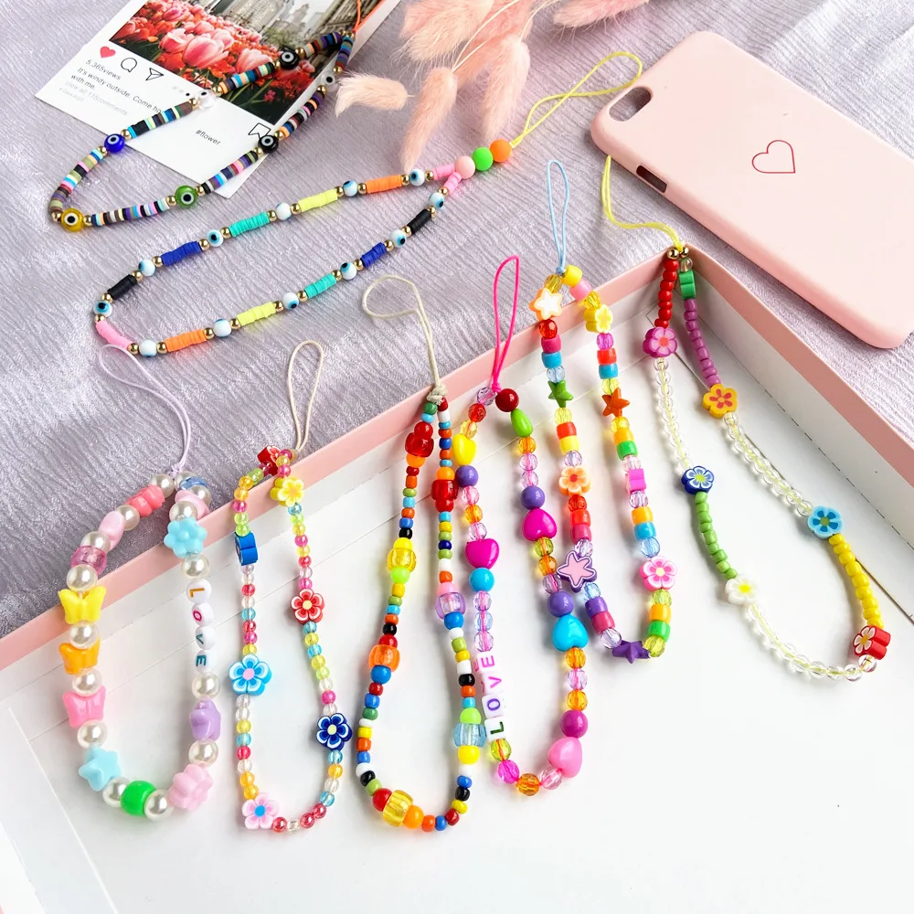 

2021 New Colorful Acrylic Bead Smile Mobile Phone Chain CellPhone Strap Anti-Lost Lanyard for Women Summer Jewelry