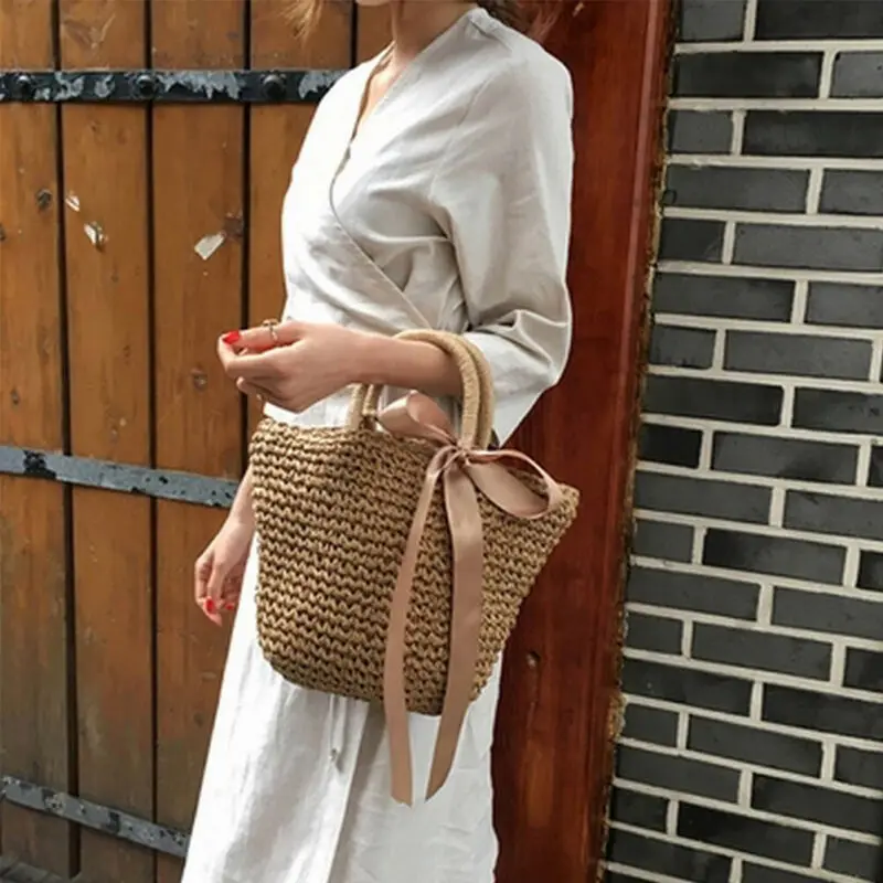

New Fashion Bucket shape casual style straw Bag Handbags Women Summer Rattan Bag Handmade Woven Beach bolsa feminina