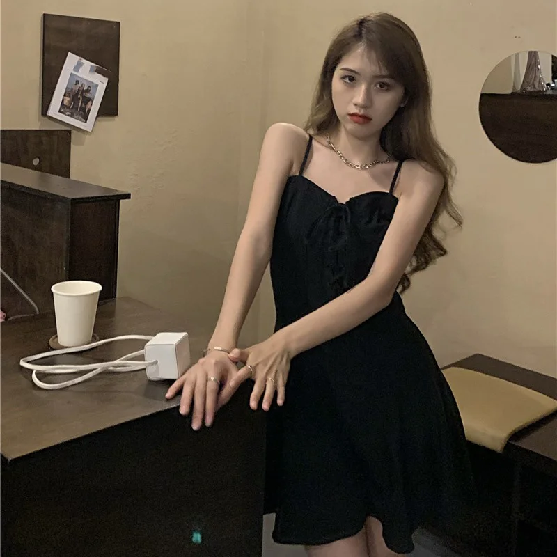 Женское платье на бретелях черное тонкое Элегантное короткое с французской