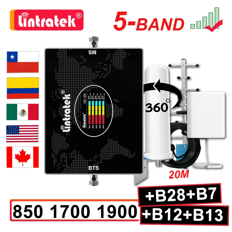 Amplificador de se&ntilde;al para tel&eacute;fono m&oacute;vil, repetidor de antena de 5 bandas, B28, B7, 700, 2600, 850, 1700, 1900, LTE, B12, 700MHZ, 2G, 3G, 4G, Kit de 20m-0