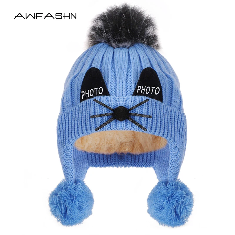 Зимняя вязаная шапка с помпоном из искусственного меха милая мягкая для