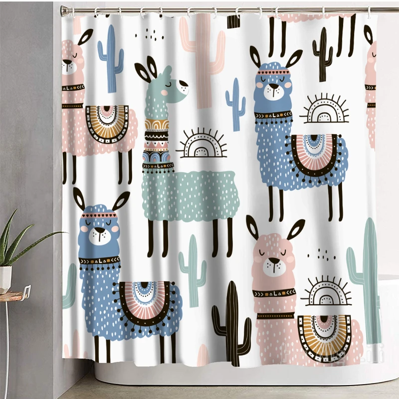 

Cute Llama Alpaca Cactus Shower Curtain Decor Waterproof Bathroom Decorations