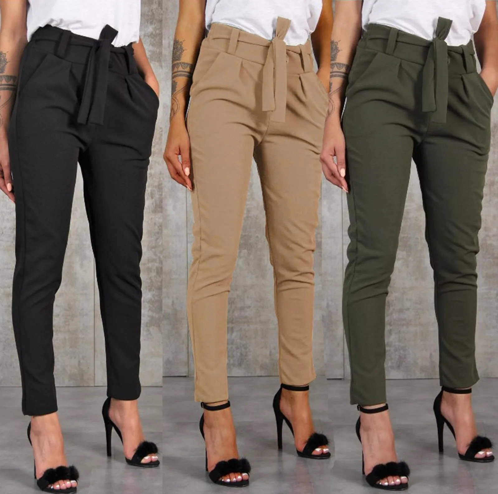 Повседневные женские шаровары с высокой талией однотонные брюки поясом на