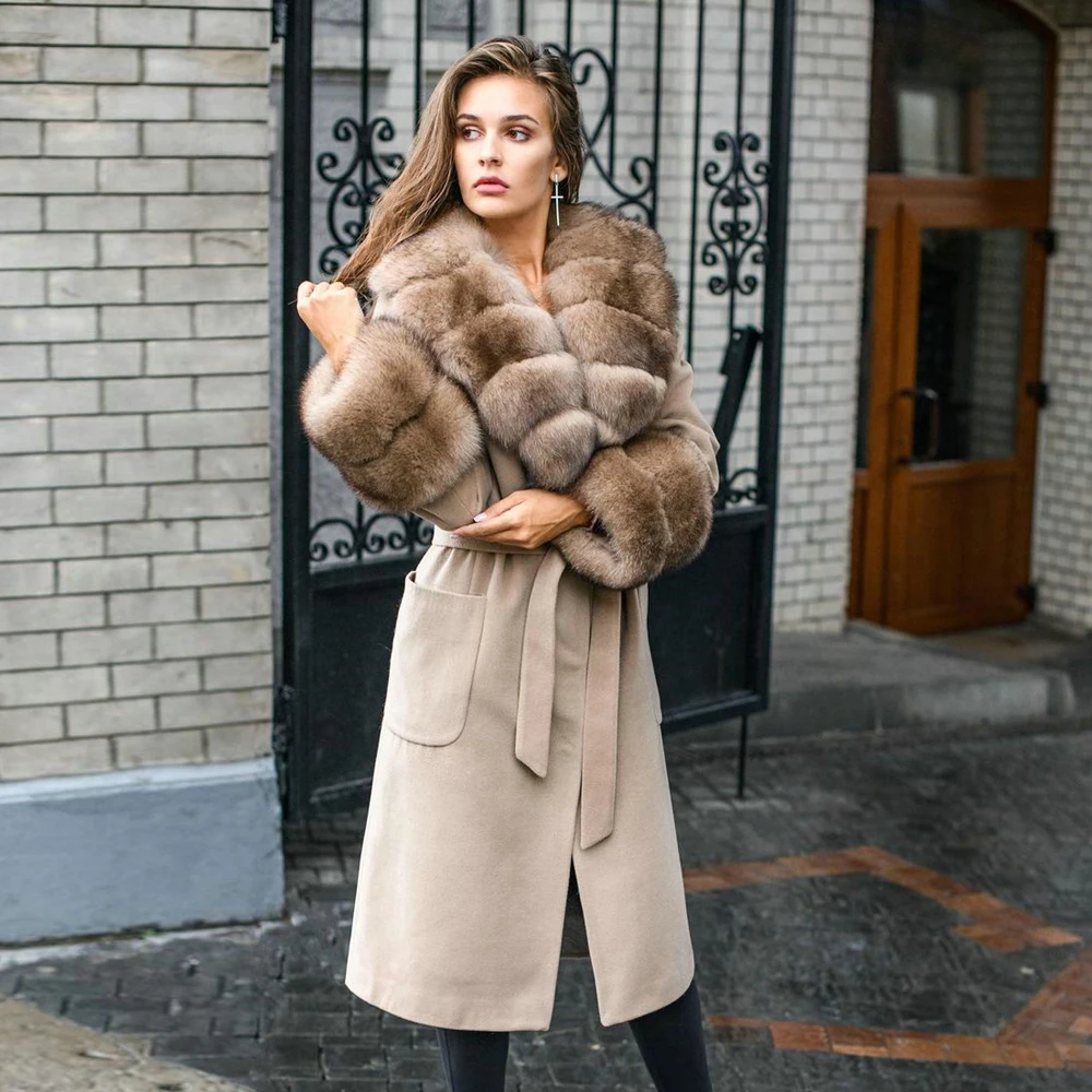 Fashion Women Real Fur Coats Winter New Wool Blends Coat with Fox Fur Turn-down Collar Trendy Fox Fur Cashmere Overcoat Female enlarge