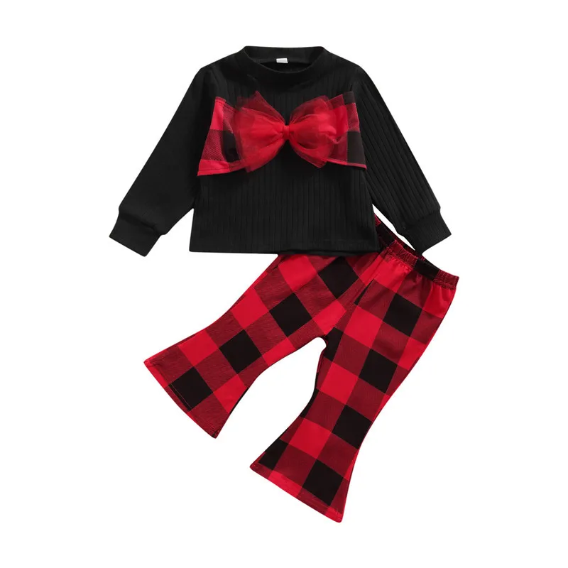 

1-6 Years Girls Set Bowknot Round Neck Tops Plaid Flared Trousers Xmas Set For Girls Spring Fall Christmas Clothes Set