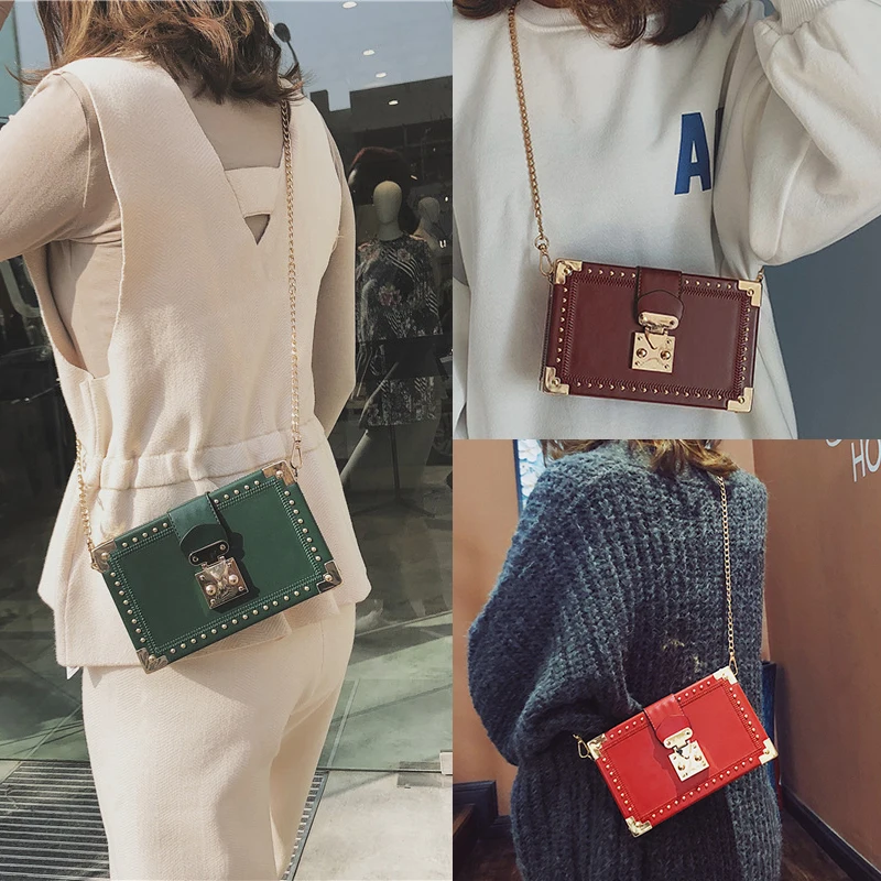 Fashion Vintage Rivet Designer Bag Box Style Buckle PU Women Clutch Bag Chain Purse Shoulder Bag Crossbody Small Flap Handbag
