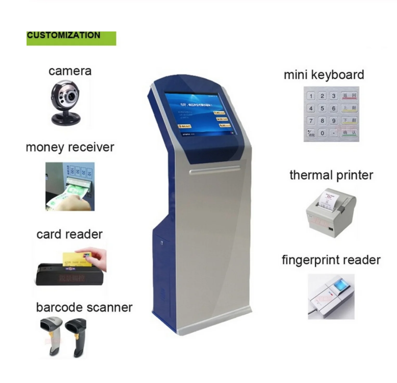 19 inch all in one touch screen kiosk Android self service ticket dispenser queue management kiosk