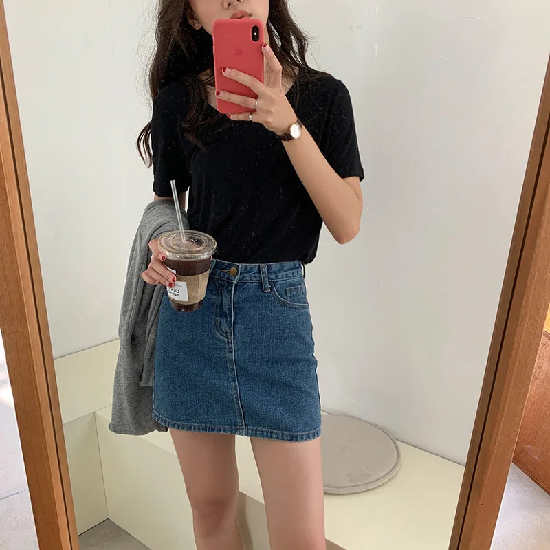 

Skirts Women Summer 2021 Korean Style Trendy Harajuku Elegant Womens Jean Dress Leisure Small High Waist A-line Bag Hip Skirt