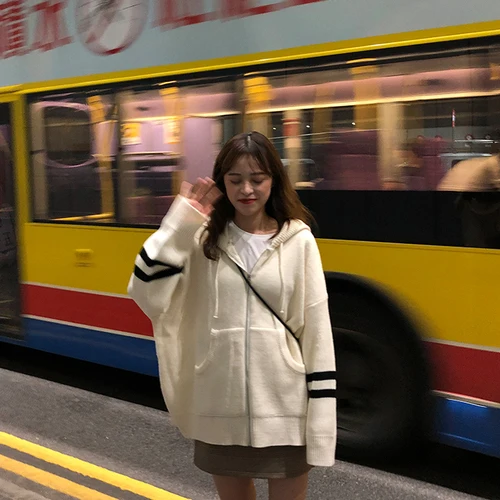Thick Simple Cardigan Outwear Striped Zipper Pocket Hooded Fashion Loose Korean Style 2019 New Arrival Female Women Sweaters |