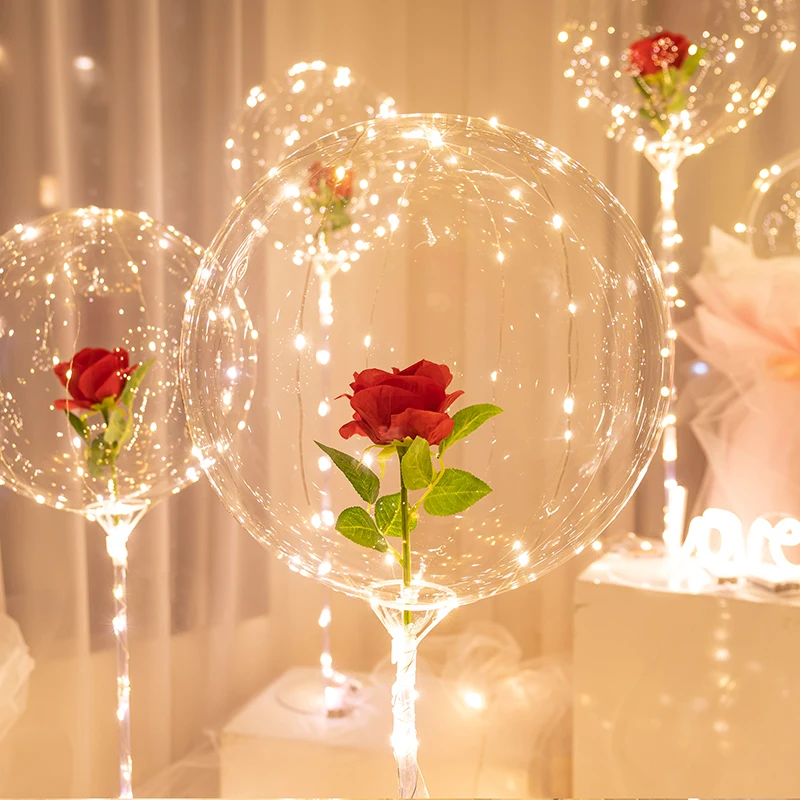 

20inch Transparent Bobo Balloon LED Luminous Rose Balloons Valentine's Day Wedding Birthday Party Decor Inflatable Bubble Ballon