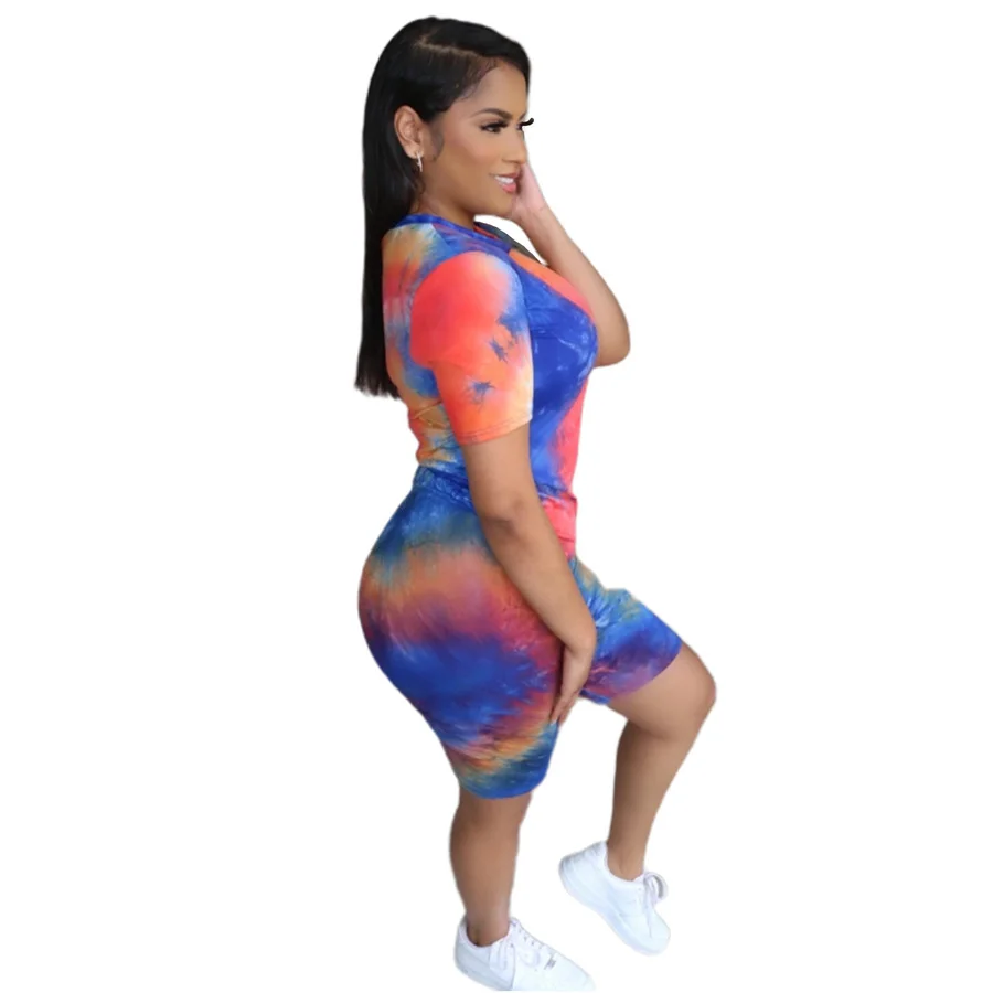 

Women Shorts Suit Fashion Tie Dye Printing O-neck Short Sleeve Simple Summer Suits Loose Home Simple Two-piece Set Y2K Clothes