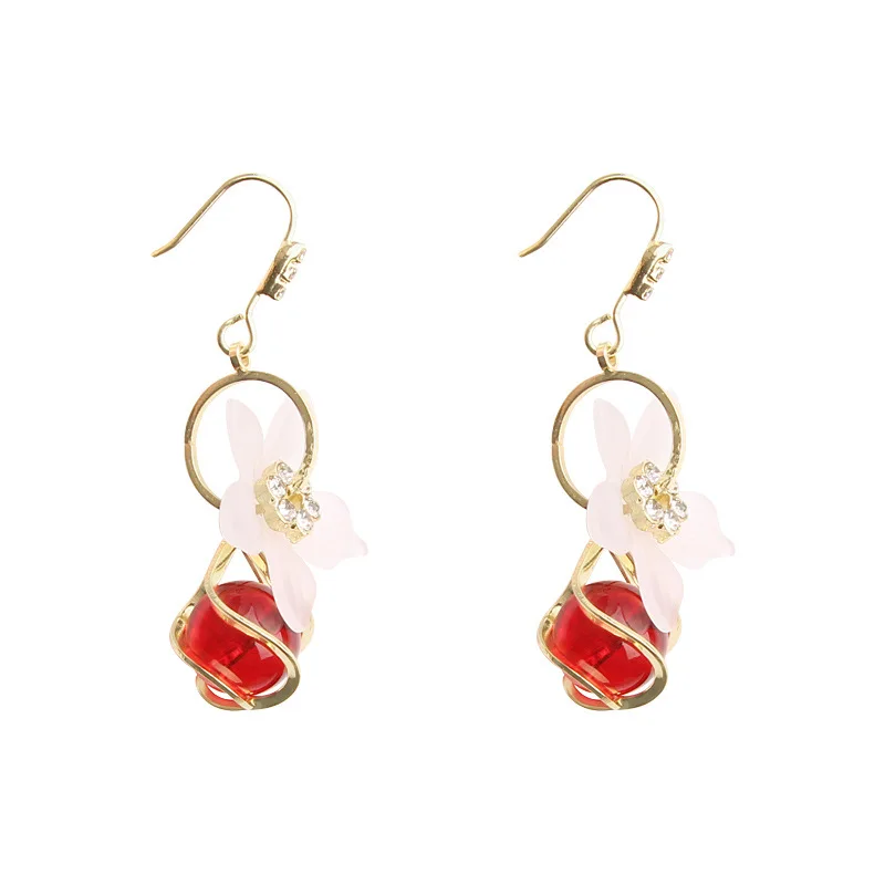 

New Korean Fashion Red Crystal Flower Earrings Female Gentle Elegant Bead Ear Hooks Trendy Earring Gifts for Girls Accessories