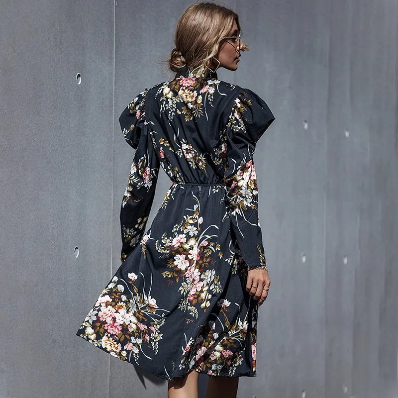 

Women's New Autumn Black Floral Slim Fashion Elegant Temperament Style Casual Long Dress