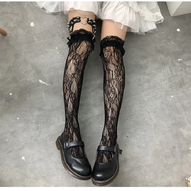 

Women Studded Heart Garters Lolita Lace Sock Thigh High Harness Girls Elastic Leg Chain Spike Rivet Metal Punk Gothic Jewelry