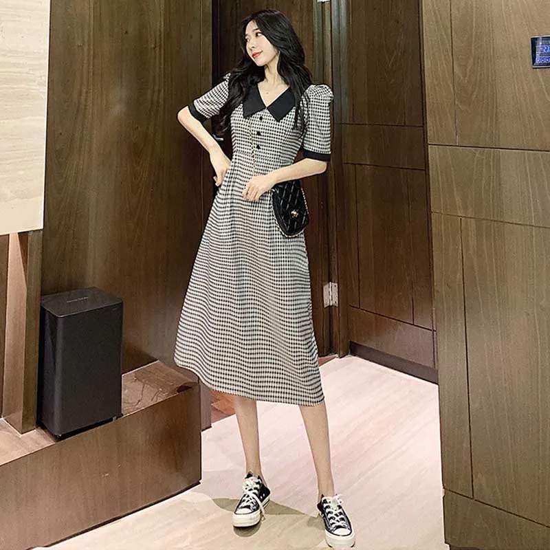 

2021 Summer Ladies Vintage Doll Collar Check Dress Elegant Korean One-Piece Slim Single Breasted Dresses Women'S Midi Dress 2020