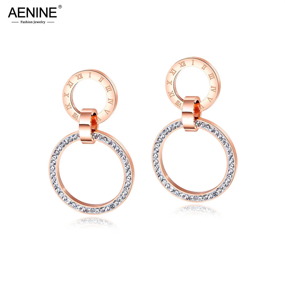 Женские двухкруглые серьги гвоздики AENINE из розового золота с фианитами римская