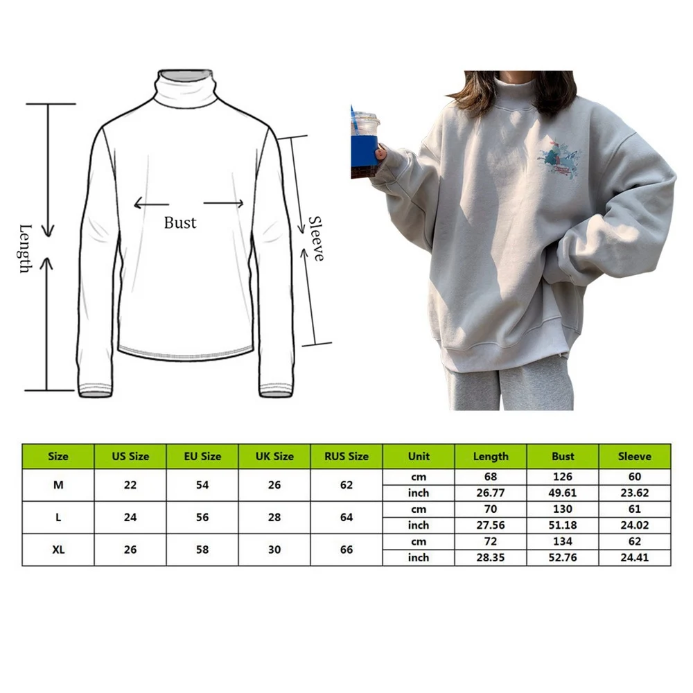 

Oversized Velvet Hoodies Women's Clothes Tops Harajuku Printed Turtleneck Kawaii Simple Pullover Korean Style Sweatshirt