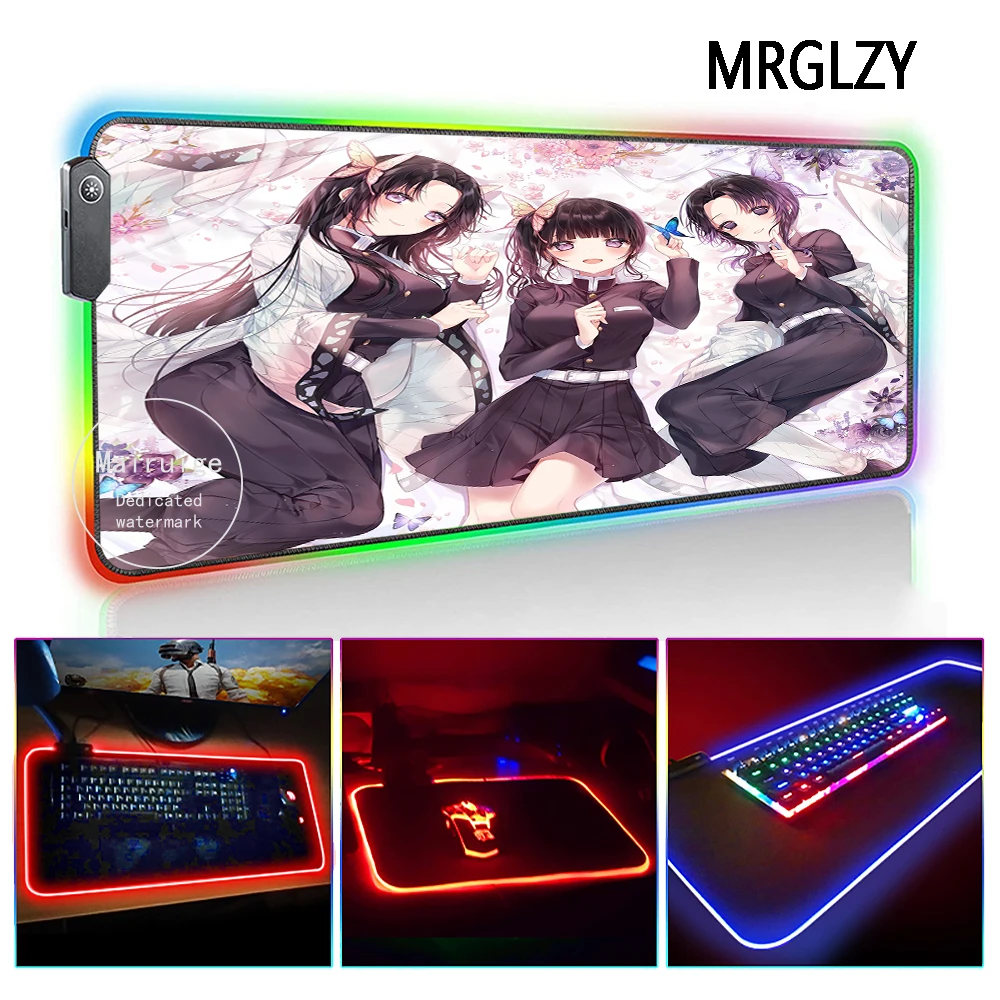 

MRGLZY Anime Demon Slayer LED Light RGB Gamer Cute Sexy Girl XXL Large Mouse Pad DeskMat Gaming Accessories for Laptop Keyboard