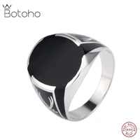 botoho real 100 solid s925 pure silver men ring black agate gemstone fashion ring for man simple domineering stylish jewelry