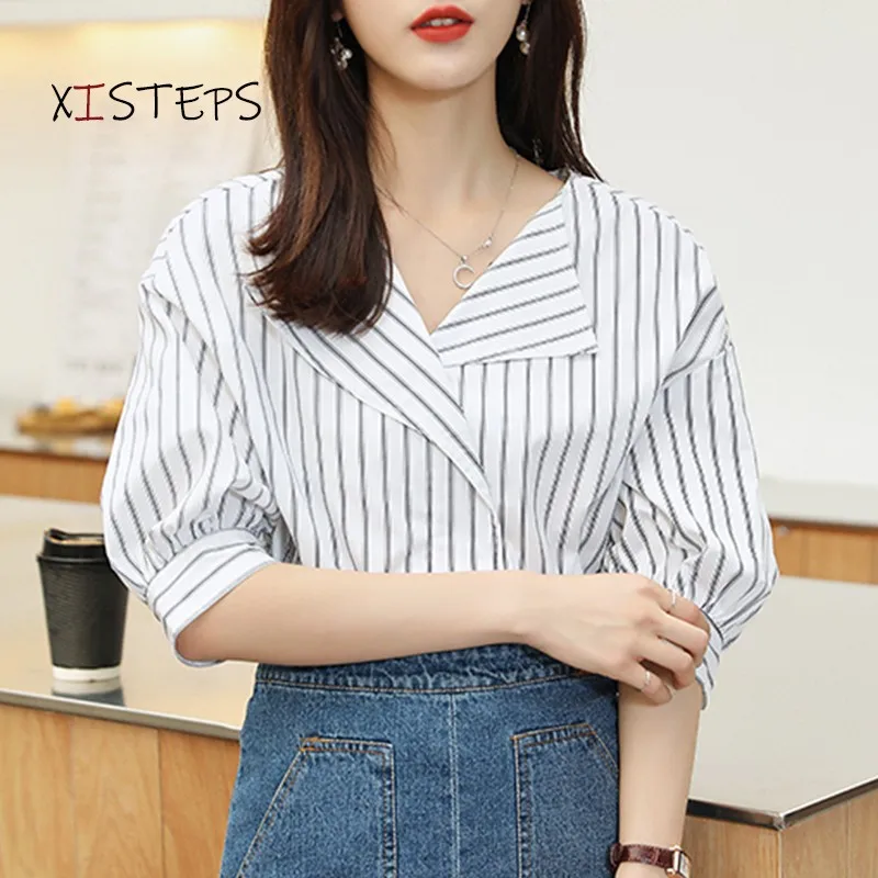 Striped Loose Chiffon Blouses 2021 Summer Lantern Sleeve V-neck Shirts Ladies Fashion Tops Blusa Mujer White Korean Clothing