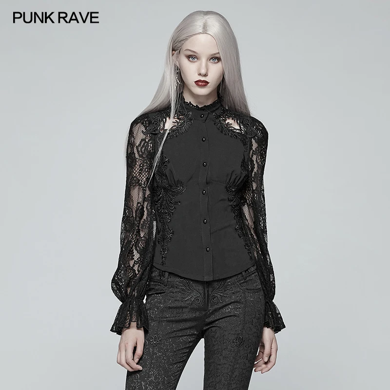 Женская кружевная рубашка в стиле панк с длинным рукавом и жаккардовым