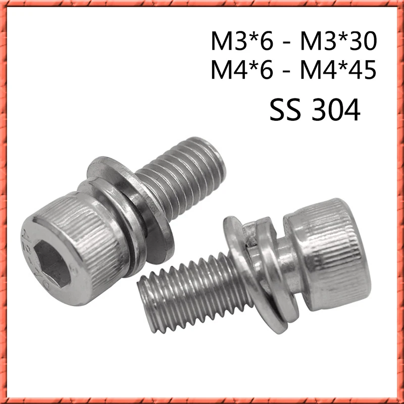 50 шт./лот M3 M4 * 6 45 Шестигранная головка из нержавеющей стали sems колпачок болт