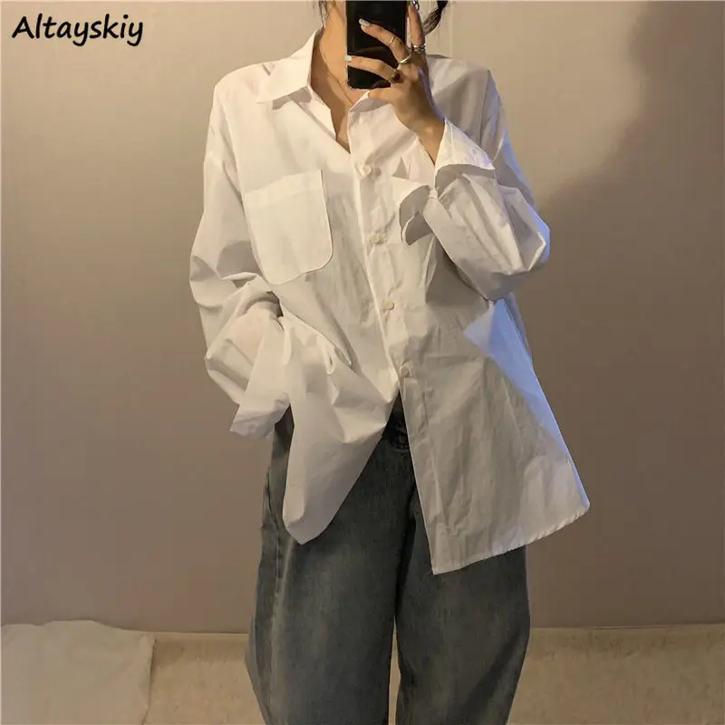 

Размера плюс S-4XL для женщин рубашки для мальчиков рубашка с длинными рукавами однотонная белая простая свежий S Топы все-матч карманы кепки, ...