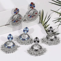 3 color vintage silver color flower bollywood oxidized earrings womens boho ethnic blue dripping oil dangle earrings