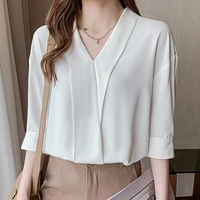 ljsxls summer chemise femme v neck half sleeve blouse women solid chiffon loose blusas mujer white all match camisas de mujer