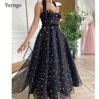 verngo new black tulle a line short prom dresses with colorful flowers pearls velour halter sash tea length formal party gowns
