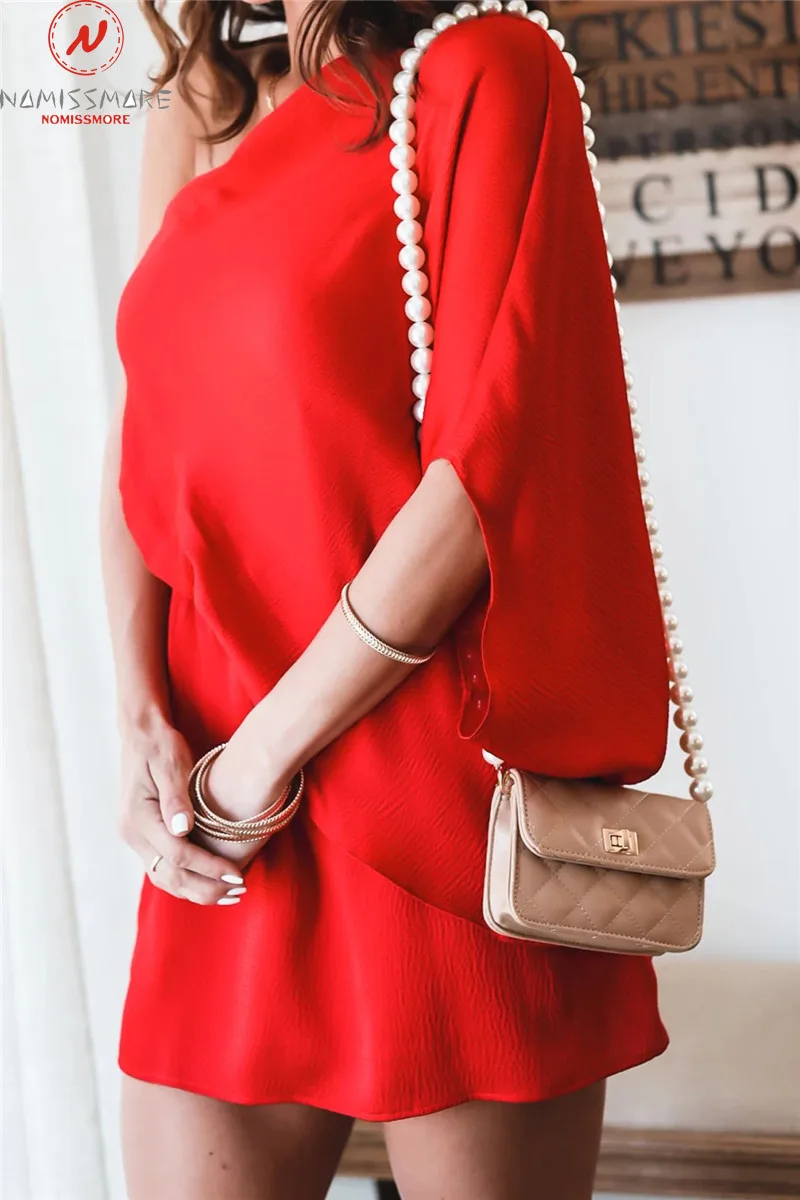 

Fashion Women Summer Solid Color Mini Dress Shrinkage Design One Shoulder Half Sleeve Mid Waist Casual Loose Dress(no belt)