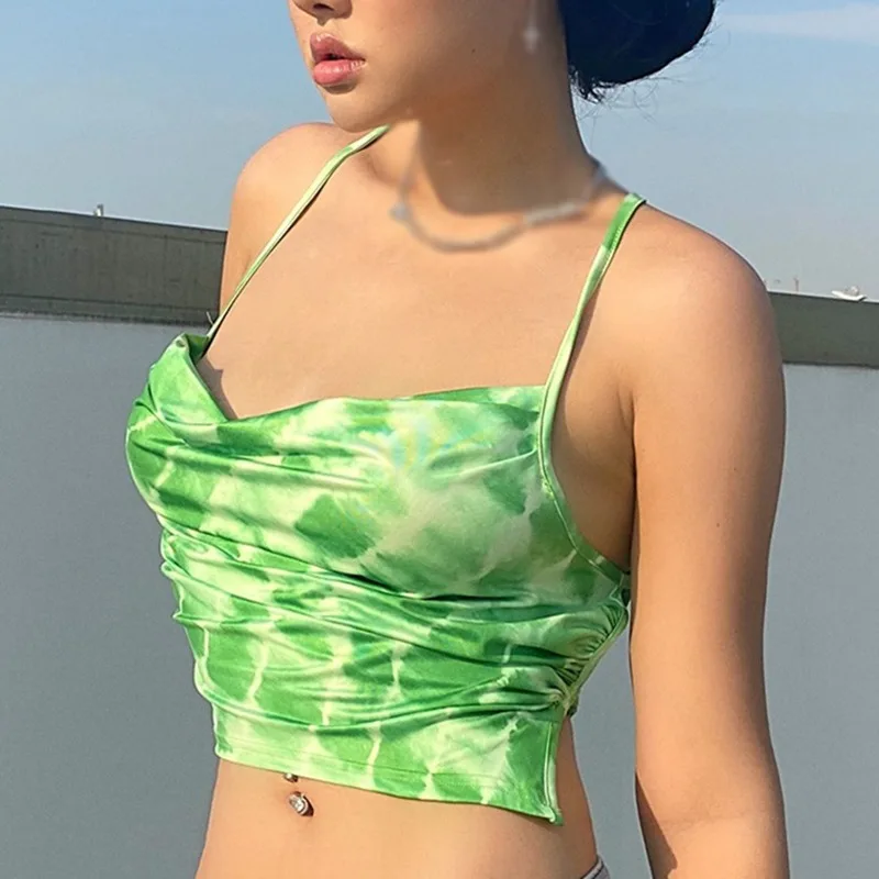 

Women's Tie Dye Lace Up Summer Backless Sleeveless Print Sexy Slim Vintage Camisole Tank Top Sweet Green Crop Tops