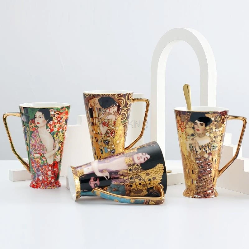 

Coffee Mug gustav klimt Bone China Tea Cups With Spoon Klimt Mug Large Capacity Ceramic Drinkware home decoration accessories