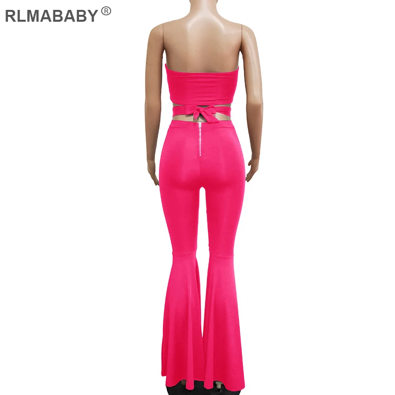 

RLMABABY Sexy Club Strapless Zipper Crop Top And Flare Pants Suit Set High Waist Bandage 2 Piece Set Women Tracksuit Suit Set