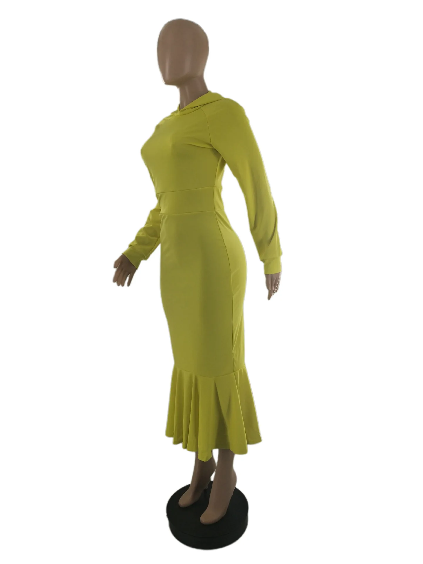 

2021 Casual Women Ruffles Dress Solid Long Sleeves Hooded Collar S-2XL Ankle Length Bodycon Sexy Lady Nightclub Trumpet Dresses