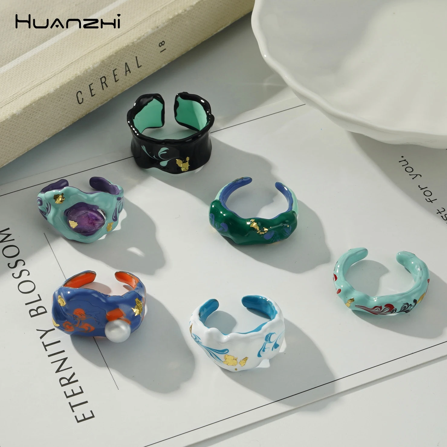 

HUANZHI 2021 Enamel Geometric Irregular Lava Mixed Color Gold Leaf Pearl Opening Ring for Women Girls Trendy Party Gift Jewelry