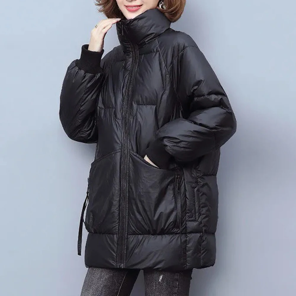 

Модное повседневное однотонное пуховое пальто со стоячим воротником на молнии, зимняя куртка с рукавами и карманами, женское ветрозащитное...